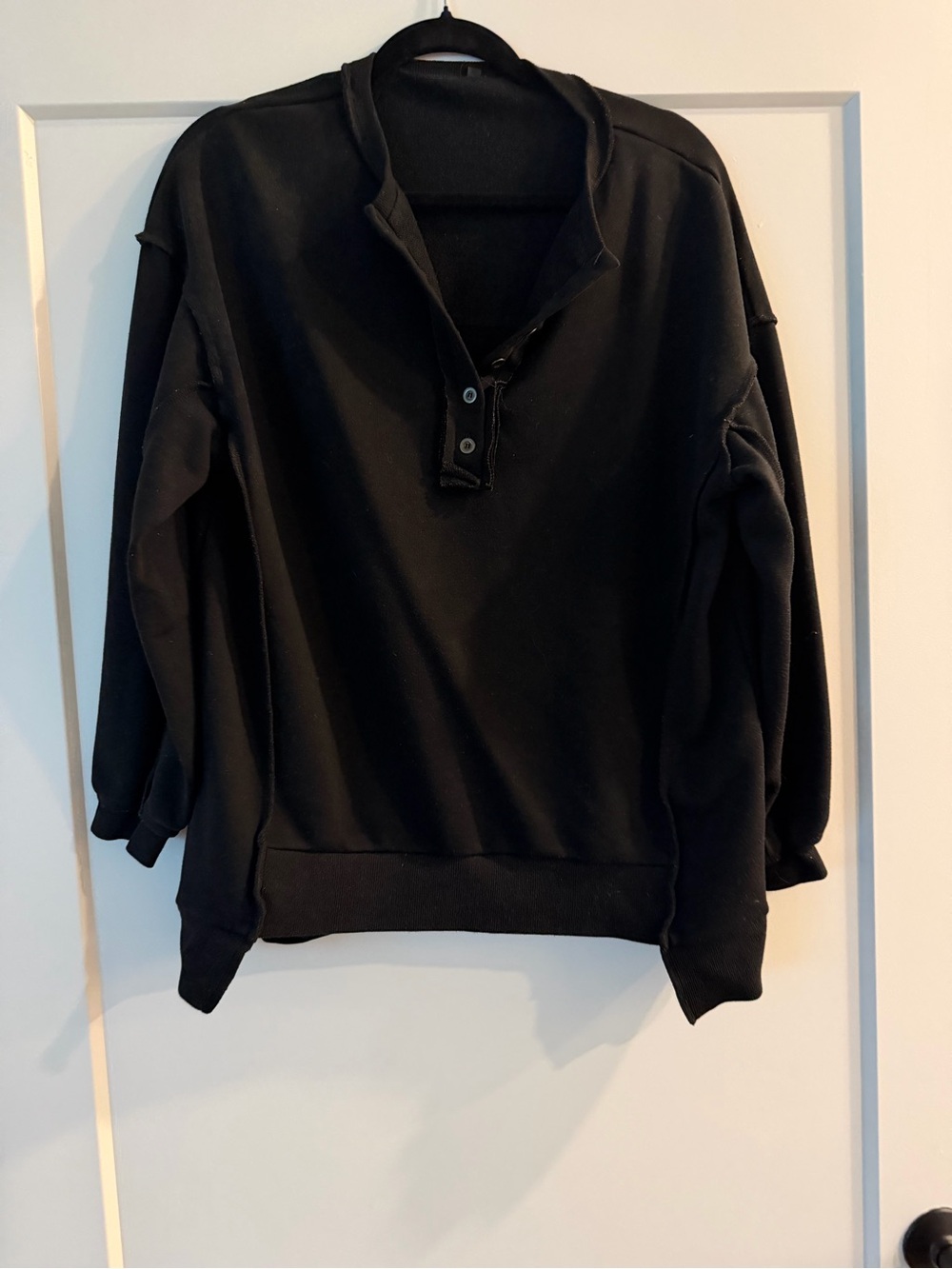 Black Button-Neck Pullover Sweatshirt